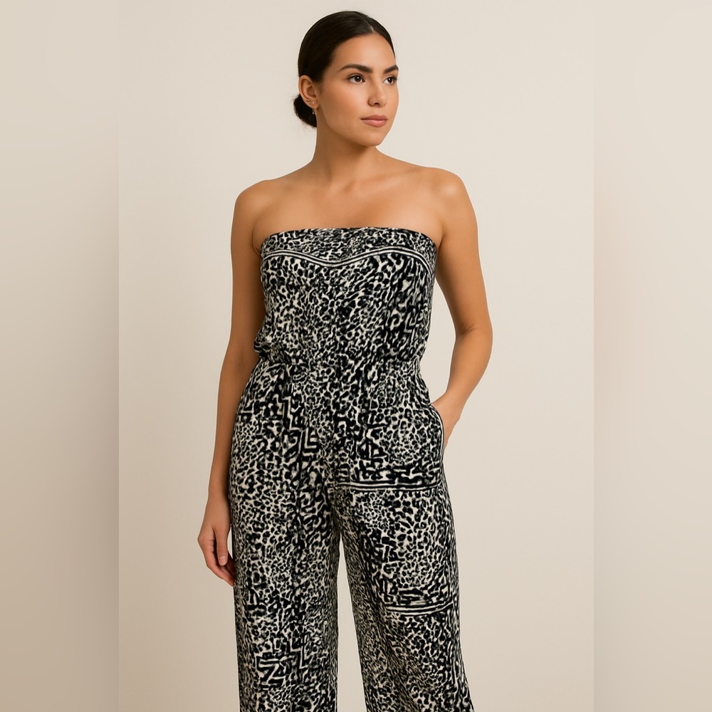 Strapless Black & White Animal Print Jumpsuit